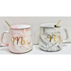 Ensemble 2 Tasses et Sous-Tasses Mr & Mrs  avec Cuillères