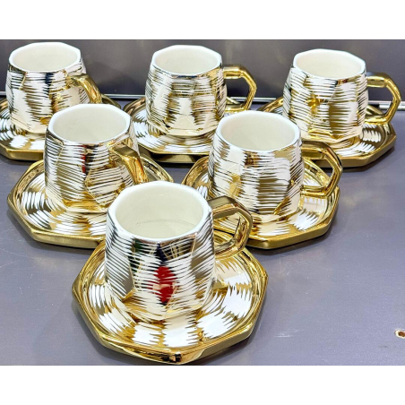 Set de 6 tasses + 6 soucoupes en porcelaine blanc dorée Maya