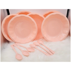 Ensemble de 6 plats et 6 cuillières en plastique saumon