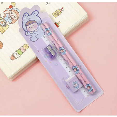 Set de papeterie Mauve avec Crayon, Gomme,Taille-crayon et règle