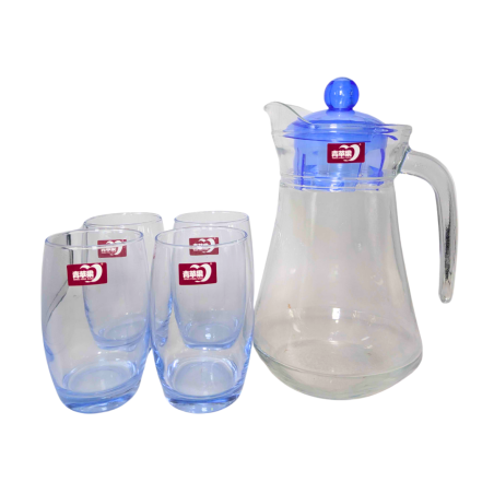 Ensemble Carafe + 4 Tasses en verre Bleu 390 ml