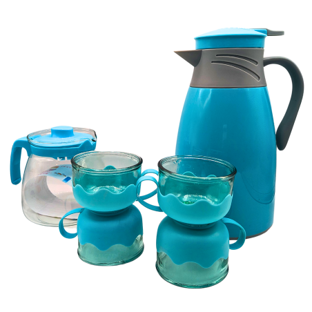 Ensemble Théière plus 4 tasses et thermos en verre bleu