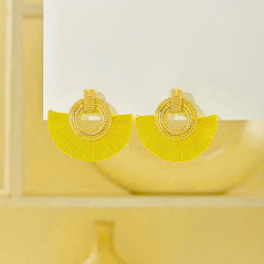 Boucles d'Oreilles éventail à Pompons - Jaune 