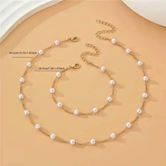 Ensemble collier + bracelet en perles - Doré