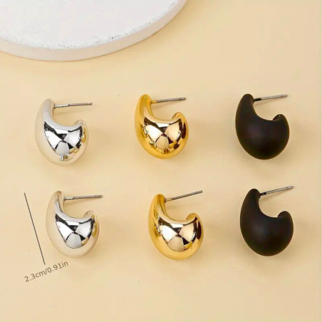Ensemble 3 Paires Boucles d'oreilles - Doré - Noir -  Argent