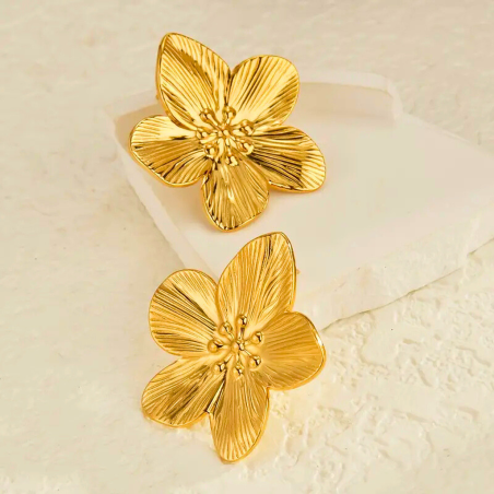 Boucles d'oreilles fleurs doré en acier inoxydable 