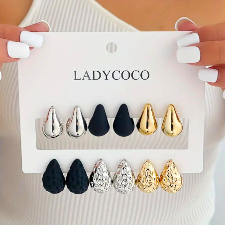 Lot de 12 paires de boucles d'oreilles Doré - Noir - Argent