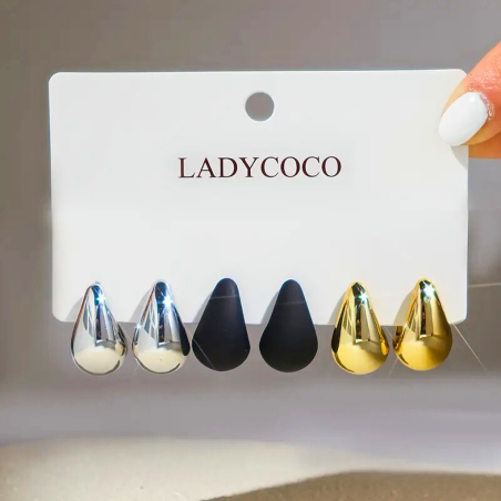 Ensemble 3 Paires Boucles d'oreilles - Doré - Noir -  Argent
