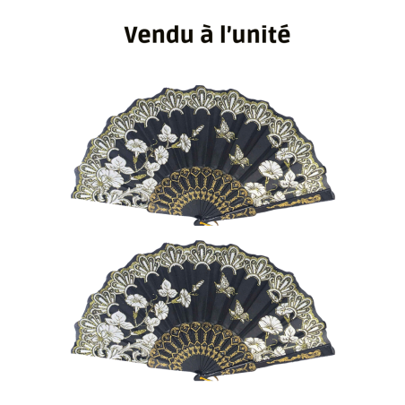 Éventail à motif feuille noir