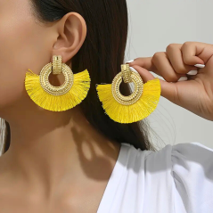 Boucles d'Oreilles éventail à Pompons - Jaune 