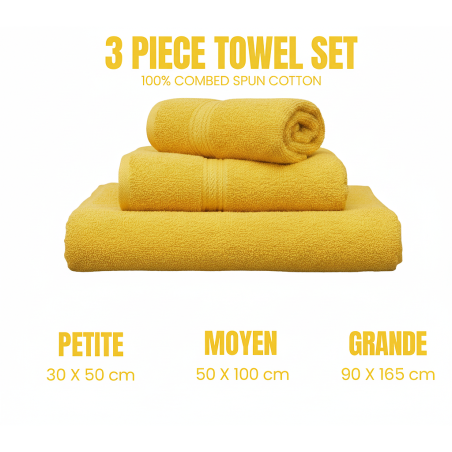 3 piéces serviettes de bain 100% coton jaune 