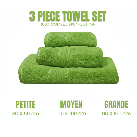 3 piéces serviettes de bain 100% coton vert