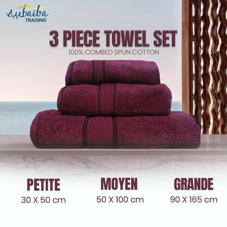 3 pièces serviettes de bain 100% coton rouge bordeaux