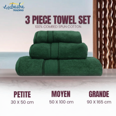 3 pièces serviettes de bain 100% coton Vert foncé