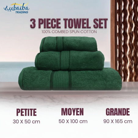 3 pièces serviettes de bain 100% coton Vert foncé