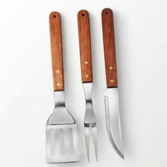 Ensemble Barbecue 3 pièces en Inox et Bois – Spatule, Fourchette, Couteau
