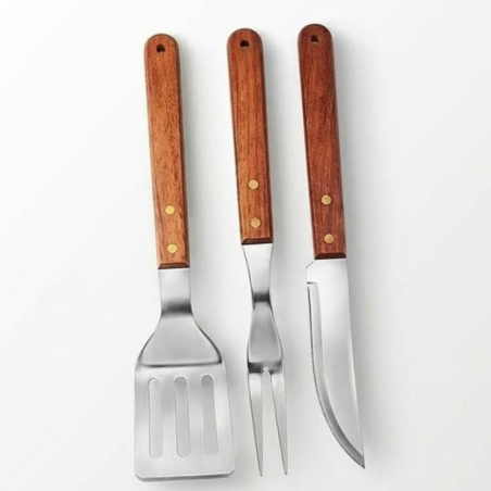 Ensemble Barbecue 3 pièces en Inox et Bois – Spatule, Fourchette, Couteau