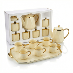 Service Café 9P porcelaine Première Dame beige blanc et or