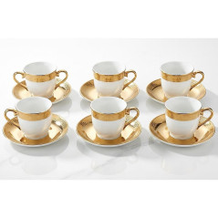 Ensemble 12P Tasses et Assiettes porcelaine blanc, or et motifs Renée