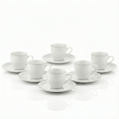 Ensemble 12P Tasses et Assiettes porcelaine texture luxe blanc et gris