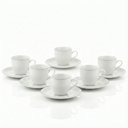Ensemble 12P Tasses et Assiettes porcelaine texture luxe blanc et gris