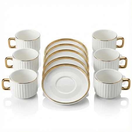 Coffret Café 12P porcelaine Réception blanc et or