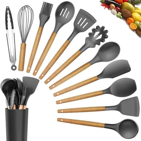 Ensemble Ustensiles de Cuisine en Silicone Manche Bois