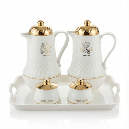 Ensemble Premium 2 Thermos, 2 sucriers blanc et or et leur plateau 